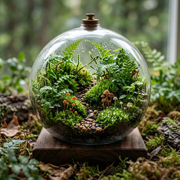 Sealed glass globe terrarium with lush green ferns and moss on a carved wooden base in a forest setting