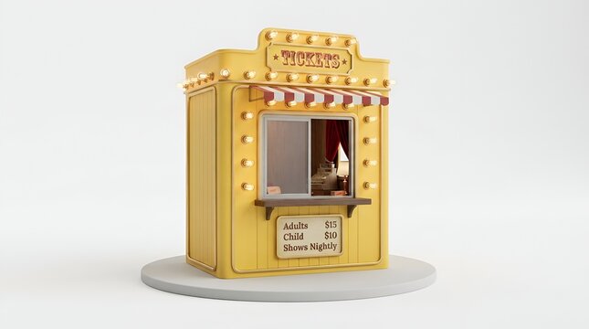 Retro vintage yellow ticket booth box office for carnival cinema fair isolated on white background