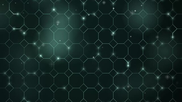 Teal Octagonal Wireframe Grid with Glowing Twinkles Motion Loop