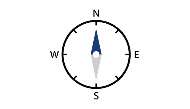 Simple classic navigation compass icon pointing north with blue and gray needle on a plain white background.