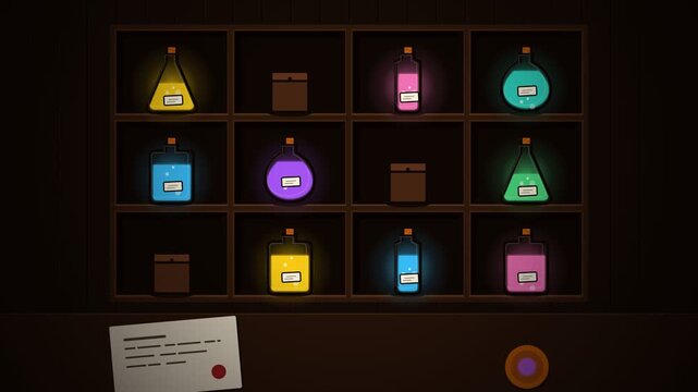 Abstract apothecary grid animation with glowing particles and floating alchemy elements