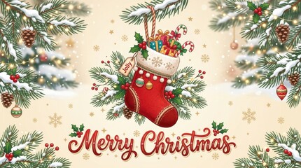 Obraz premium Festive Christmas stocking filled with gifts and candy canes on a snowy pine branch