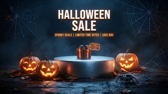 Halloween sale promotional banner with a gift box on a pedestal, glowing jackolanterns, and cobwebs in a dark, atmospheric spooky setting