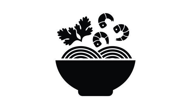 Black silhouette icon of a delicious hot noodle soup bowl decorated with shrimps and fresh coriander leaves, isolated on white.