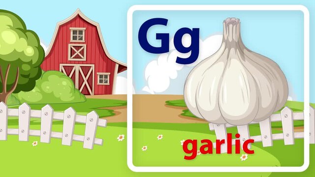 Educational Alphabet Animation Featuring Letter G and Garlic on Farm Background