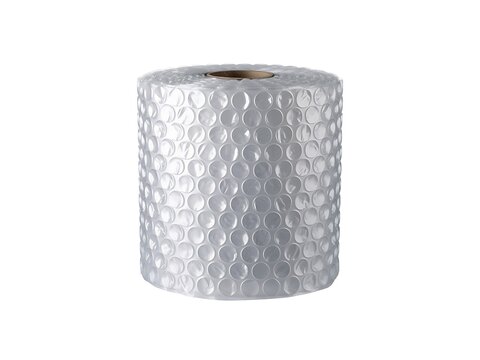 Transparent bubble wrap roll standing upright featuring clear plastic air pockets isolated on white