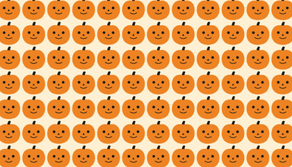 Fototapeta premium Cute seamless repeating pattern of orange Halloween jack-o-lantern pumpkins with happy smiles on a cream background.