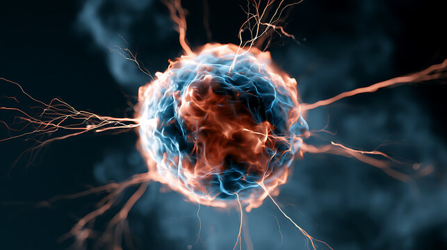 Glowing plasma orb with electric arcs radiating in a dark space background
