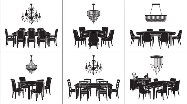 Dining room furniture vector silhouettes set featuring chandeliers tables and chairs for interior design