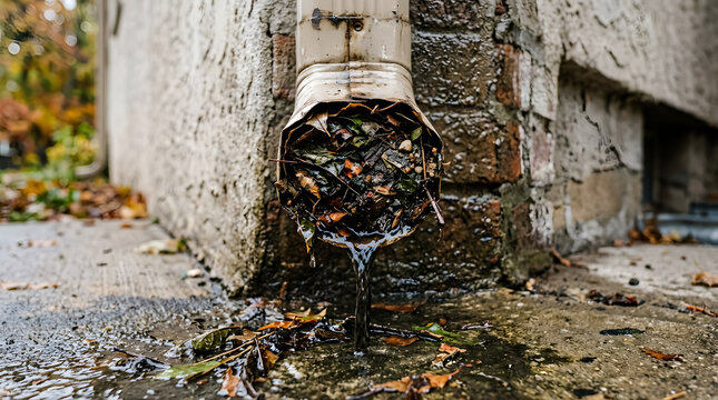 Clogged rain gutter downspout filled with autumn leaves and debris causing water overflow and drainage issues at a home exterior, symbolizing property maintenance and seasonal house repair project con