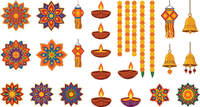 Diwali Festival Decorative Vector Elements Set Featuring Oil Lamps Bells and Marigold Garlands