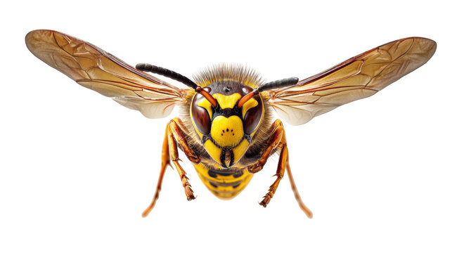 Aggressive yellow wasp flying directly toward camera