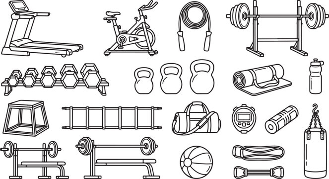 Fitness equipment vector icon set featuring treadmill dumbbells kettlebells barbell and gym gear line art doodles