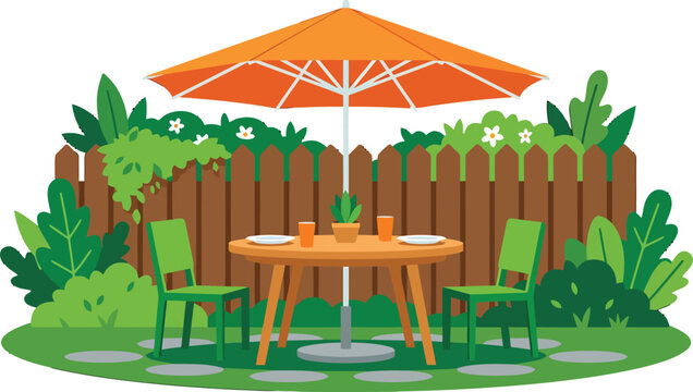 Flat Vector Illustration of a Garden Patio with Table and Chairs