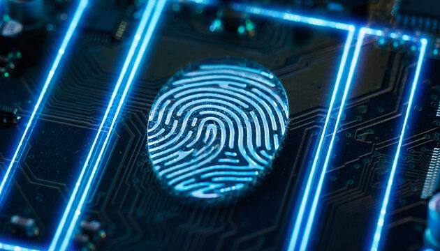 回路基板に浮かぶ指紋認証で表現する生体認証とサイバーセキュリティ