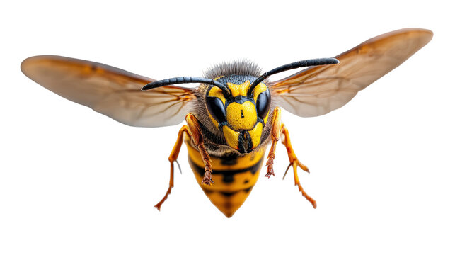 Front view yellow wasp flying on white background