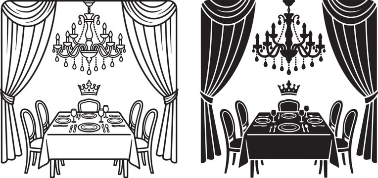 Luxury dining table set with chandelier and drapes vector illustration in line art and solid silhouette style for restaurant menu design