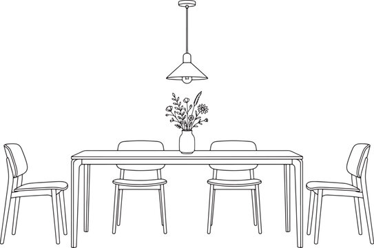 Minimalist dining table set with hanging lamp and floral vase line art vector illustration
