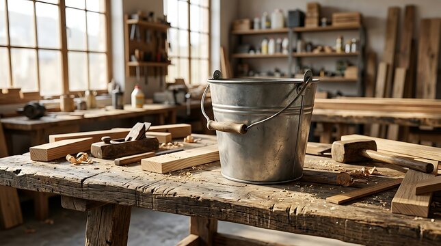 A sturdy 5 gallon pail rests on a rustic wooden workbench inside a traditional carpenters workshop with tools