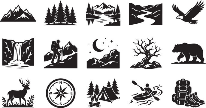 Outdoor Adventure Icon Set Mountains Wildlife Camping Elements Vector Illustration