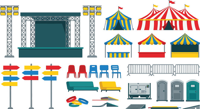 Outdoor Event Equipment Vector Set with Stages Tents and Facilities for Festivals and Public Gatherings