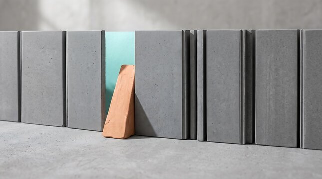 Single red brick standing between grey concrete wall panels