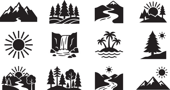 Set of Nature Landscape Icons Including Mountains Trees Sun and Water