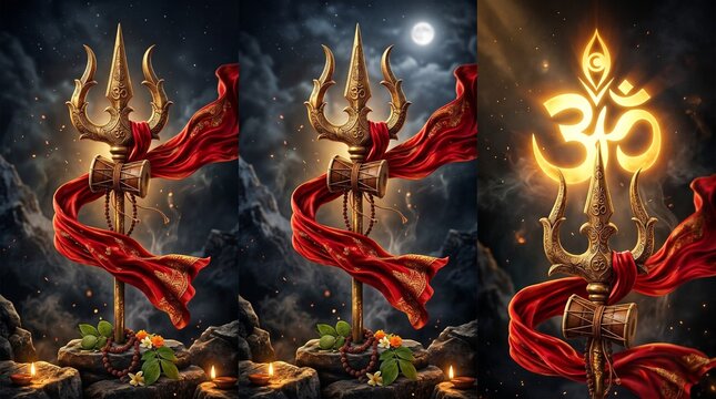 Golden trishul with damru and glowing symbolic three lines representing the divine power of lord mahadev during the religious celebration of the holy maha shivratri