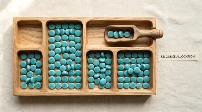 Blue tokens in wooden tray for resource allocation concept