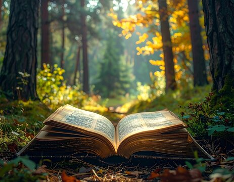 An open old book lying on the forest ground illuminated by golden sunlight filtering through trees. Perfect for education, storytelling, and fantasy concepts.