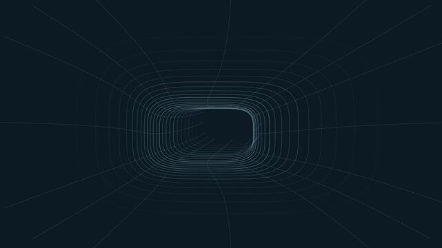 Curving rectangular wireframe tunnel seamless loop, zooming through digital grid technology background