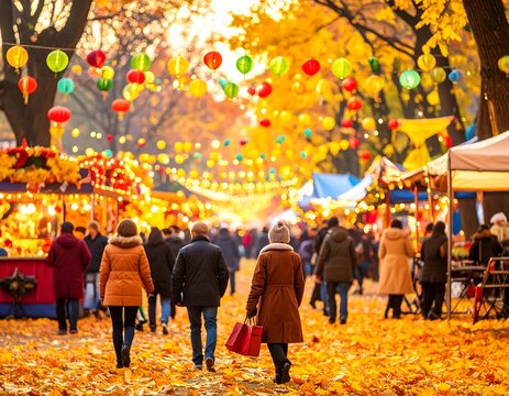 Crowd of people walking through a vibrant autumn festival fair in a park decorated with colorful paper lanterns and golden foliage. Ideal for seasonal events and community marketing concepts.