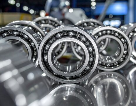 Close-up of polished steel ball bearings arranged in an industrial setting. Ideal for mechanical engineering, manufacturing, and hardware supply concepts.