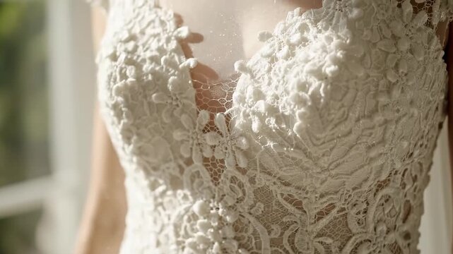 Close-up of intricate white lace wedding dress detail, showcasing the delicate design and texture