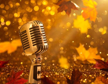 Vintage microphone surrounded by golden autumn leaves and glowing bokeh lights. Perfect for music festival promotions and seasonal concert posters.