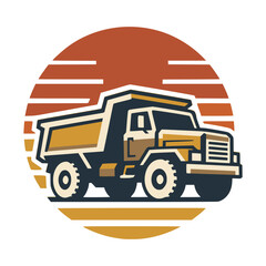 Vintage retro mining dump truck vector icon emblem with classic orange sunset background design for heavy machinery logo © Arvela