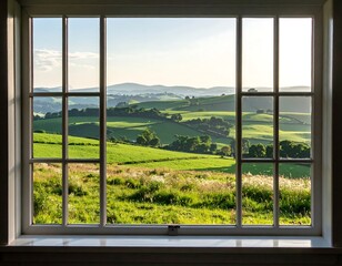 Obraz premium A serene view of a lush green countryside and rolling hills framed by a classic white window. Ideal for travel, nature, and interior design concepts.