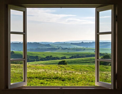 Scenic countryside view through an open window with rolling green hills and meadows. Ideal for travel, relaxation, and nature-themed design concepts.