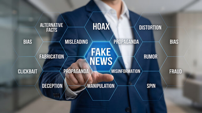 Businessman touching a digital interface with fake news with suit interacts digital