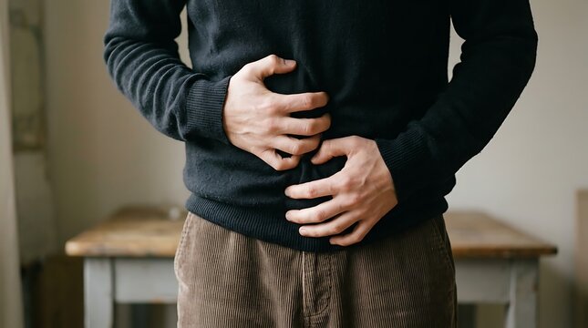 A man holding his stomach in pain suffering from severe abdominal cramps or digestive health issues