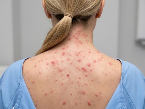 Close up view of a woman with severe acne breakouts and skin inflammation on her upper back