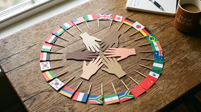 Paper hands and world flags on a wooden table