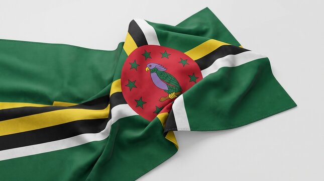 Waving Dominica National Flag with Green Background and Colorful Emblem