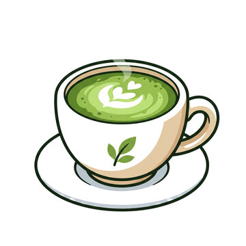 A cup of matcha latte served in a white cup with a leaf pattern, paired with a white saucer.