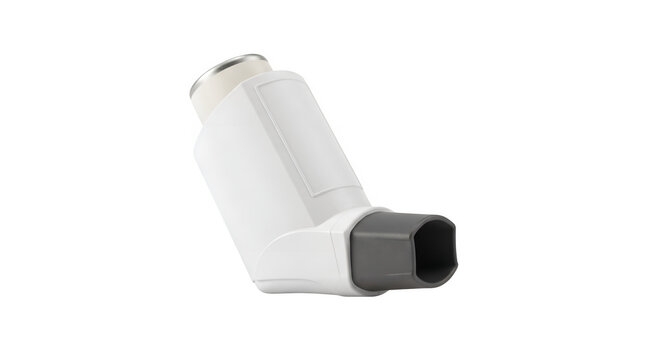 Asthma inhaler for respiratory treatment, white plastic bronchodilator device on white background, portable allergy relief medicine pump