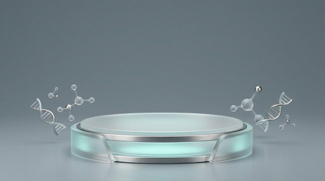 A futuristic, glowing podium stands on a sterile, gray background, flanked by molecular structures, symbolizing scientific advancement and discovery.