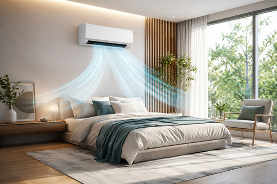 Modern wall mounted air conditioner cooling modern bedroom with cool airflow simulation.