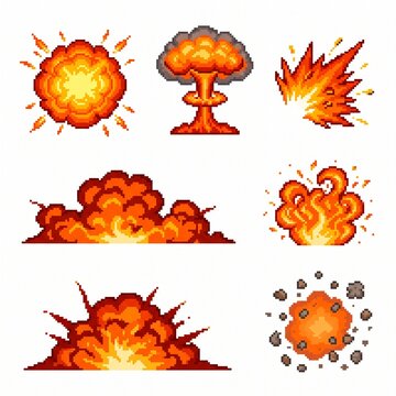  Collection of pixel art explosions and fire effects for games and animations