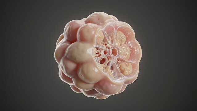 3D medical cutaway illustration of polycystic kidney, cross section view of kidney with multiple cysts