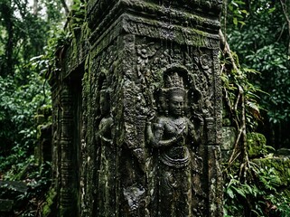 Obraz premium Ancient Khmer stone carving of deity sculpture covered in moss at Ta Prohm temple ruins surrounded by tropical rainforest jungle foliage